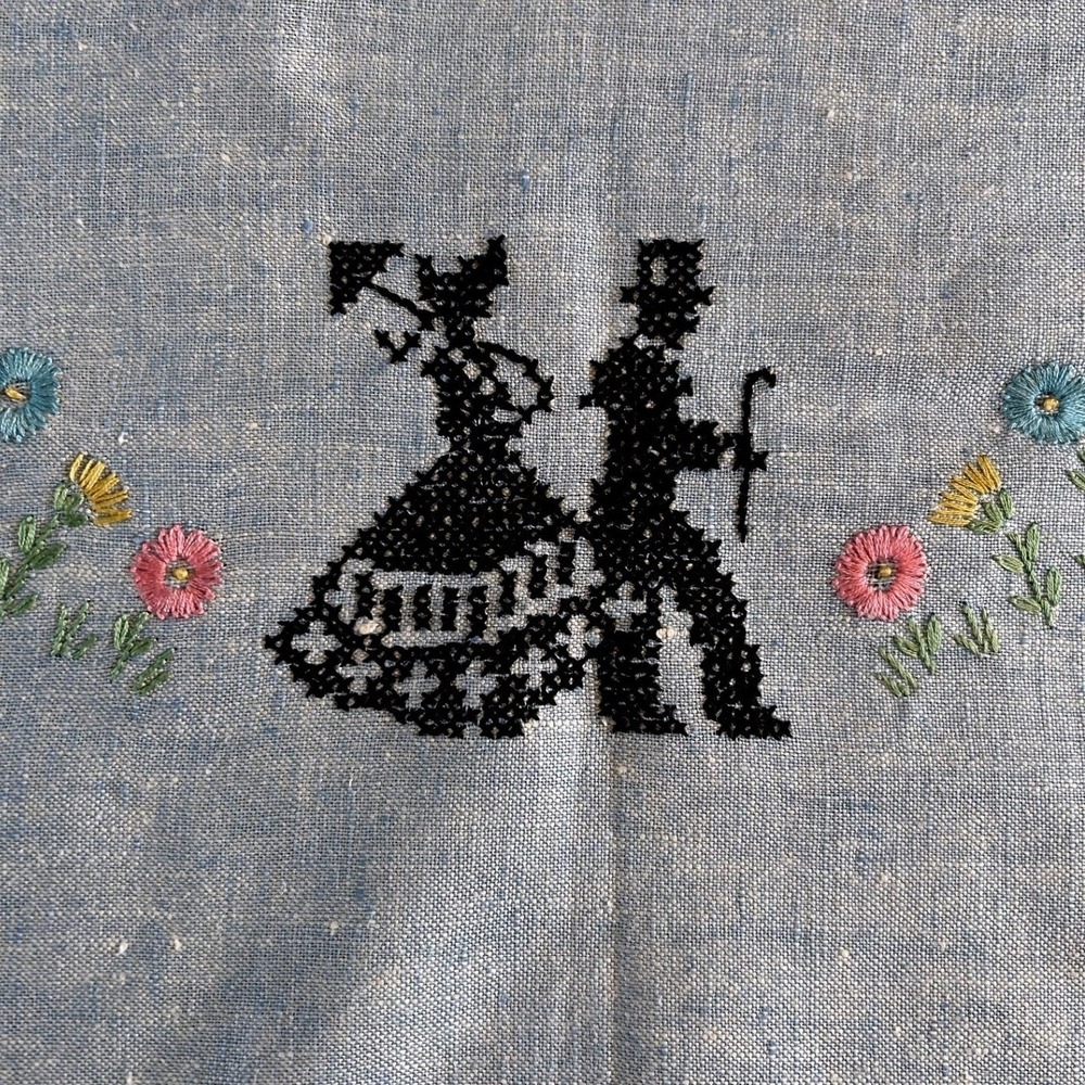 Vintage Blue Linen Tablecloth Cross Stitch Victorian Silhouette Floral 32x32